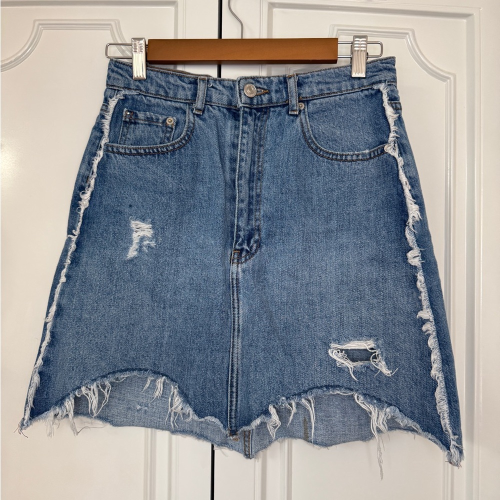 Zara Distressed Light Blue A-Line Denim Skirt